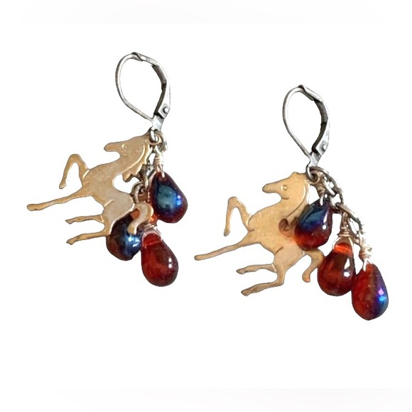 Fire Red Orange Blue Stone Trotting Pony Horse Earrings Jewelry Equestrian - Picture 1 of 10